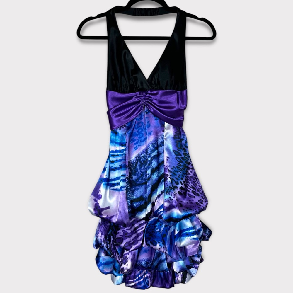 Taboo Mini Dress 9 10 Halter V Neck Y2K Tiered Bubble Hem‎ Fairy Satin Purple